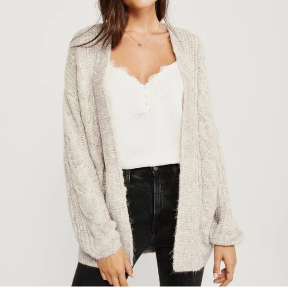 Abercrombie & Fitch Puffed Sleeve Cable Cardigan- Oatmeal NWT